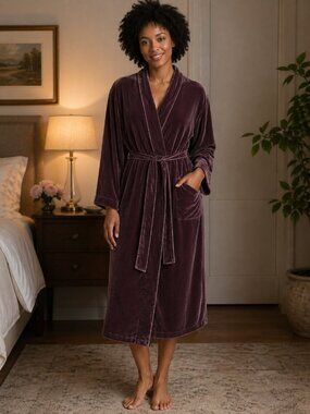Garnet Hill Silk Crushed Velvet Long Robe Purple Belted Pocket Sz M 8-10